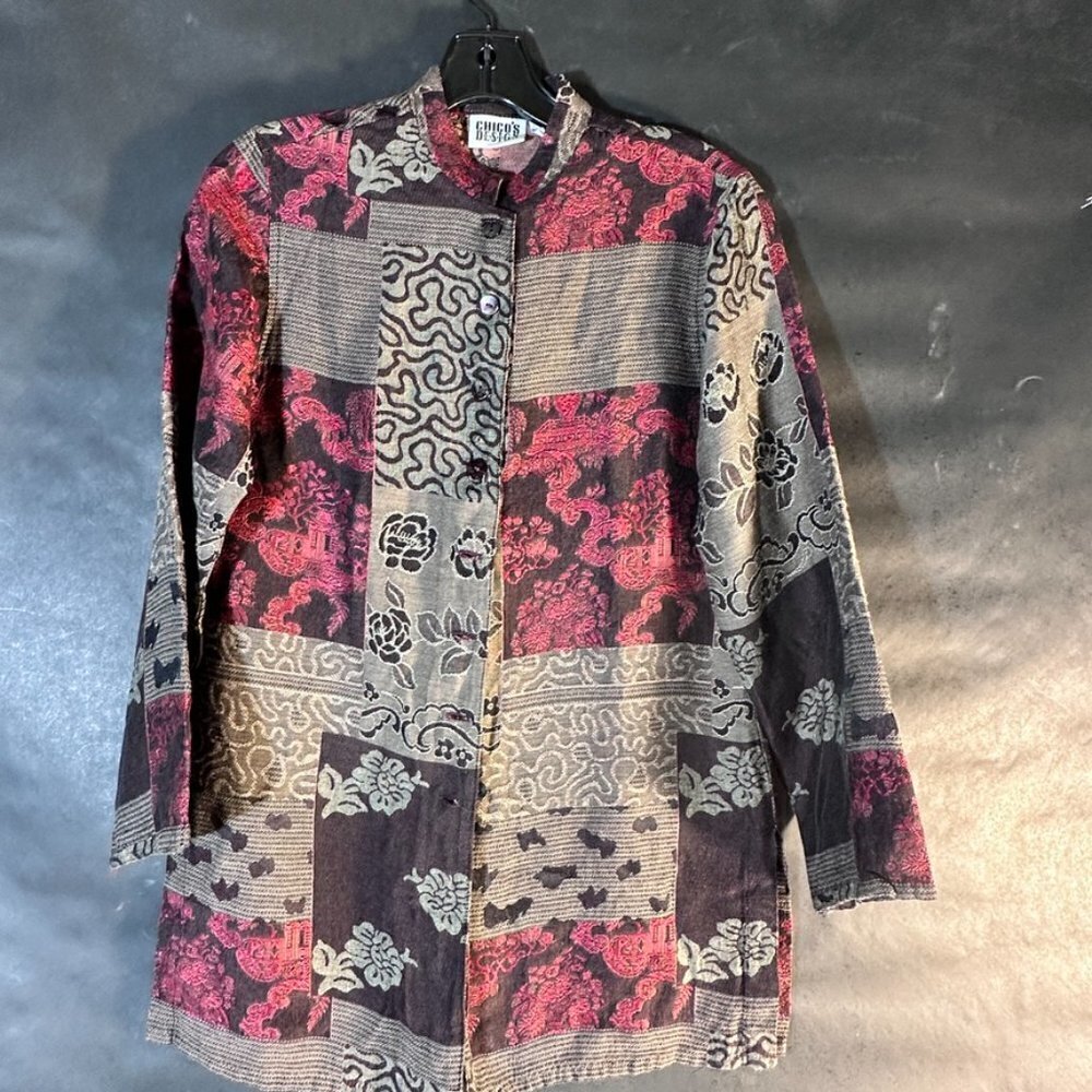 Chicos Size 0 Kimono Shirt Boho Bohemian Floral Patchwork Button Up Brown Red XS